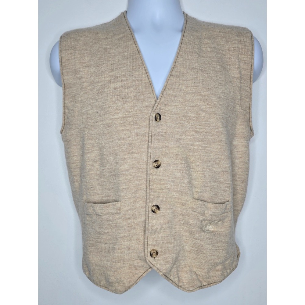 Vintage Atlantic Rancher 100% Wool Cardigan Sweater Vest Men Large Oatmeal Beige